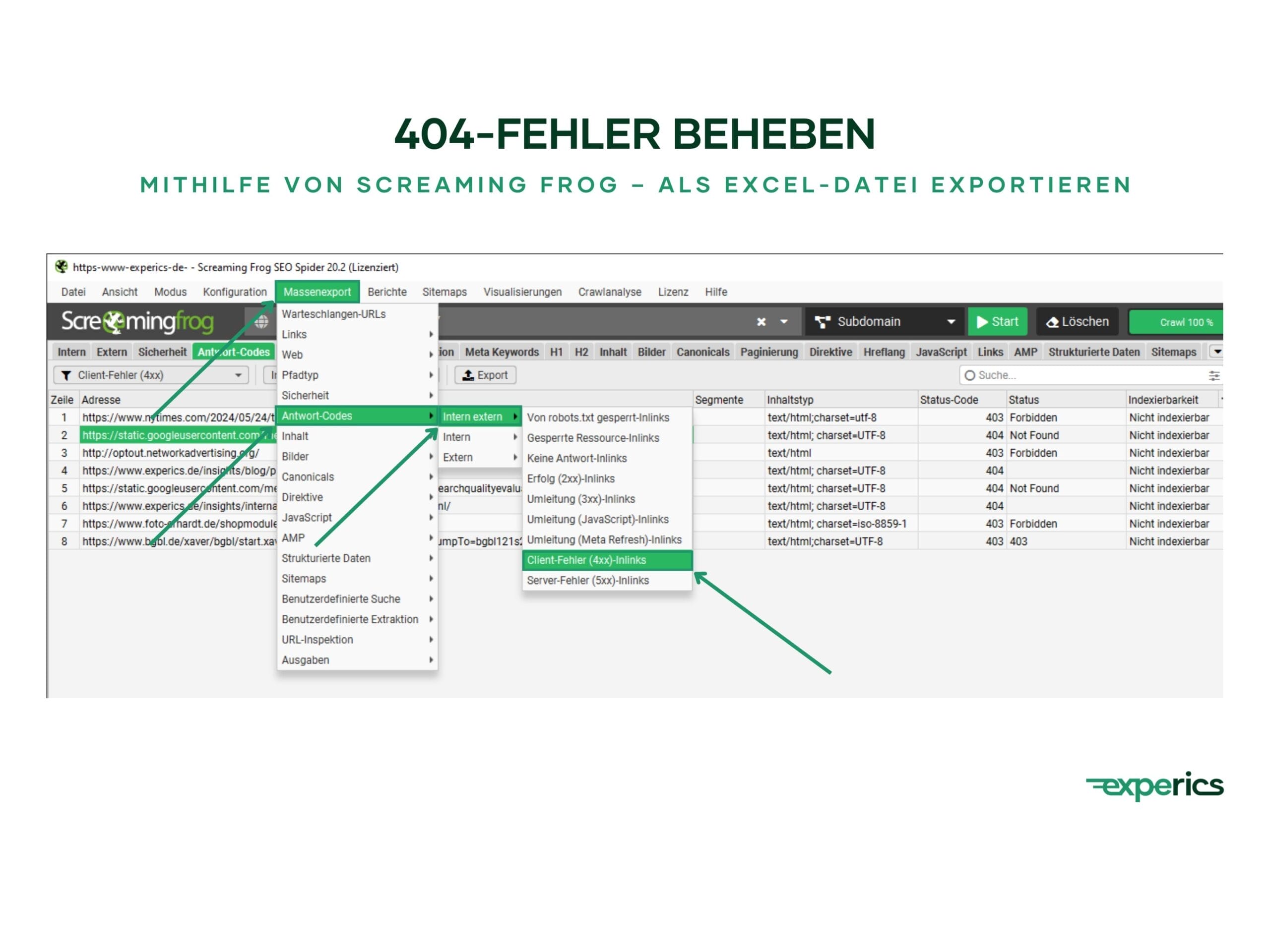 Mithilfe von Screaming Frog kannst du alle 404-Fehler als Excel-Dokument exportieren.