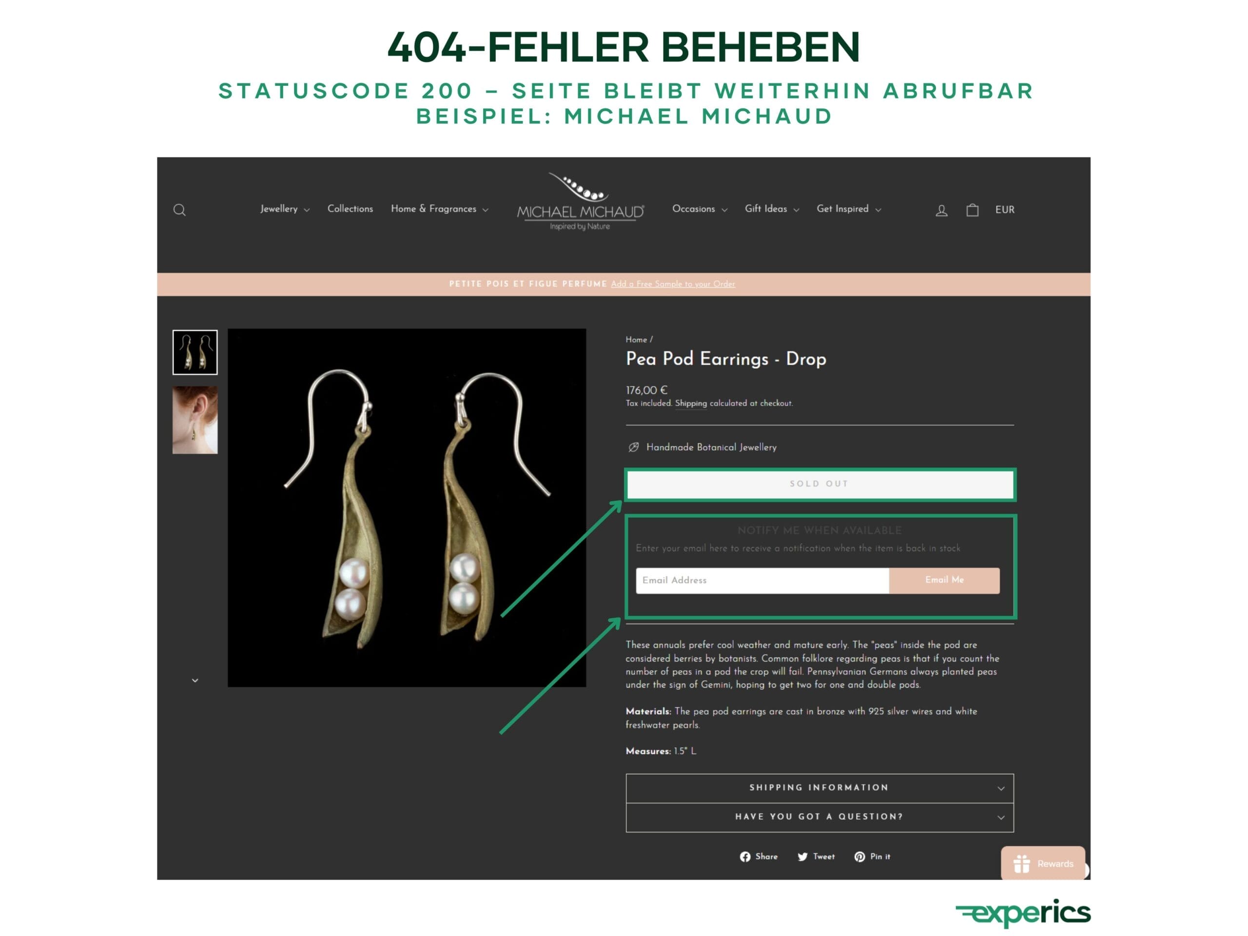 Wenn ein Produkt vorübergehend nicht vorrätig ist, kannst du es als ausverkauft kennzeichnen. Der Vorteil dieser Vorgehensweise besteht darin, dass so der Statuscode 200 beibehalten wird, wodurch die Seite weiterhin im Web verfügbar ist und für Suchmaschinen sichtbar bleibt.