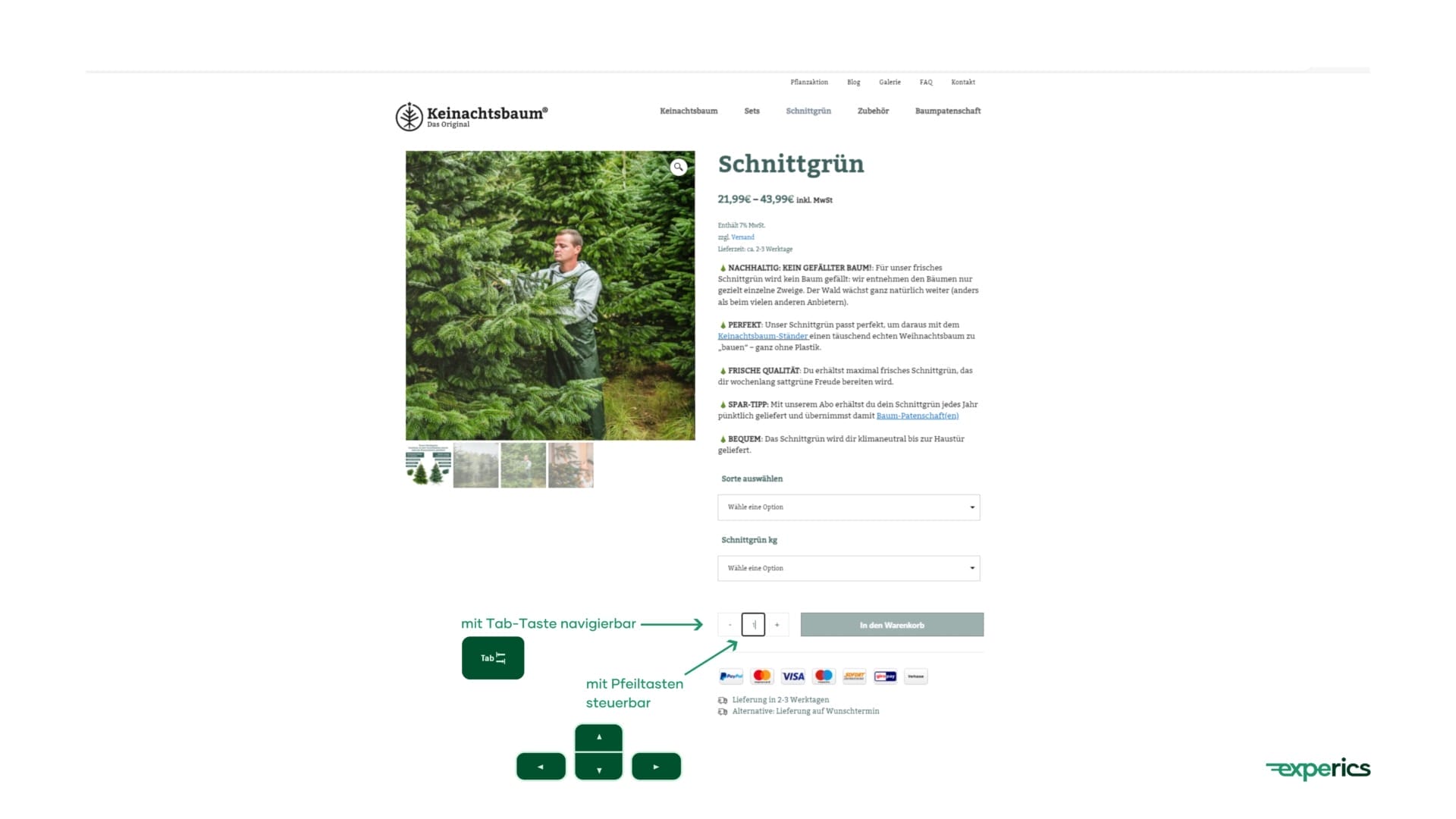 Im Online-Shop von „Keinachtsbaum“ können Nutzer alle Funktionen per Tastaturbedienung steuern.