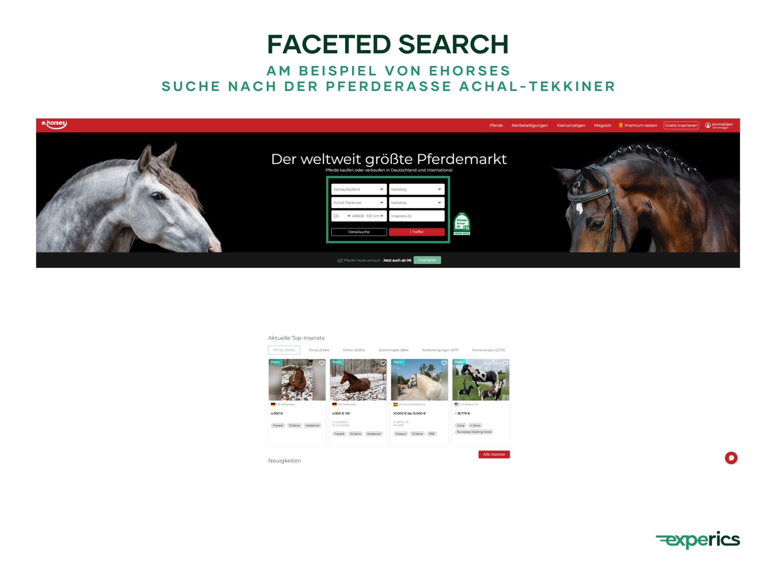 Bei âehorsesâ fĂŒhrt die Facettennavigation Nutzer schnell zu ihrem Wunschpferd.