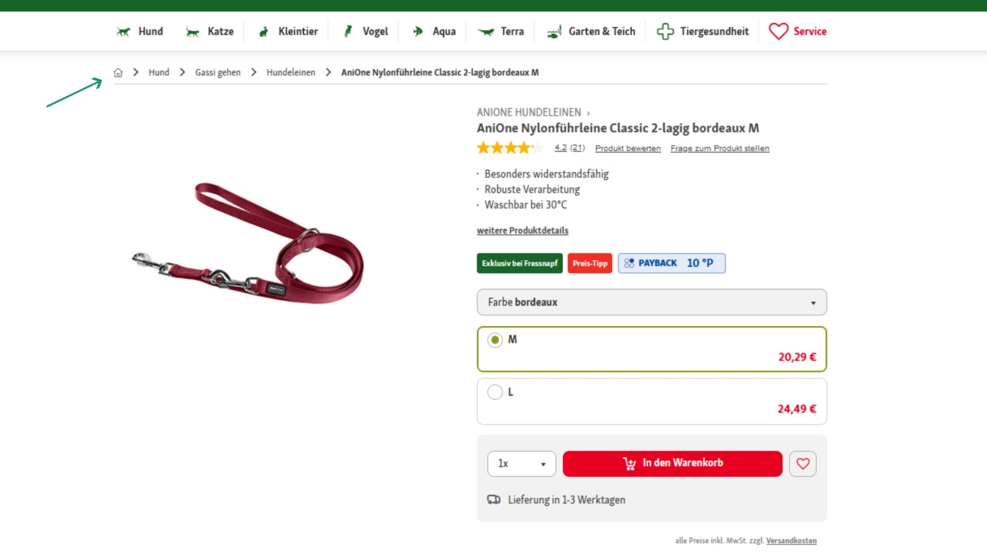 Der Online-Shop von „Fressnapf“ punktet mit einer logischen attributbasierten Breadcrumb-Navigation.