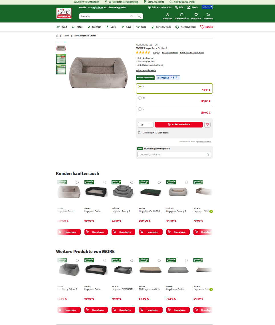 Auf seiner Produktseite setzt „Fressnapf“ auf interne Verlinkungen in Form von „Recommendations“.