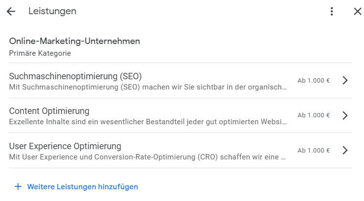 Leistungen hinterlegen im Google My Business Profil