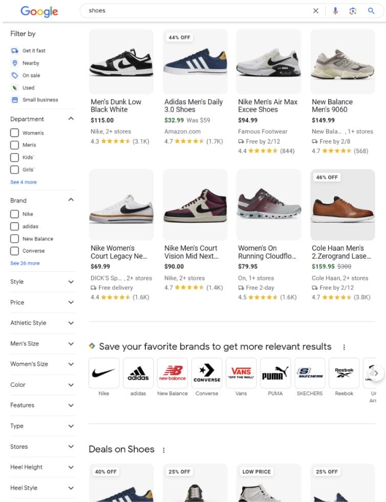 Beispiel des Google Shopping Tabs aus den USA