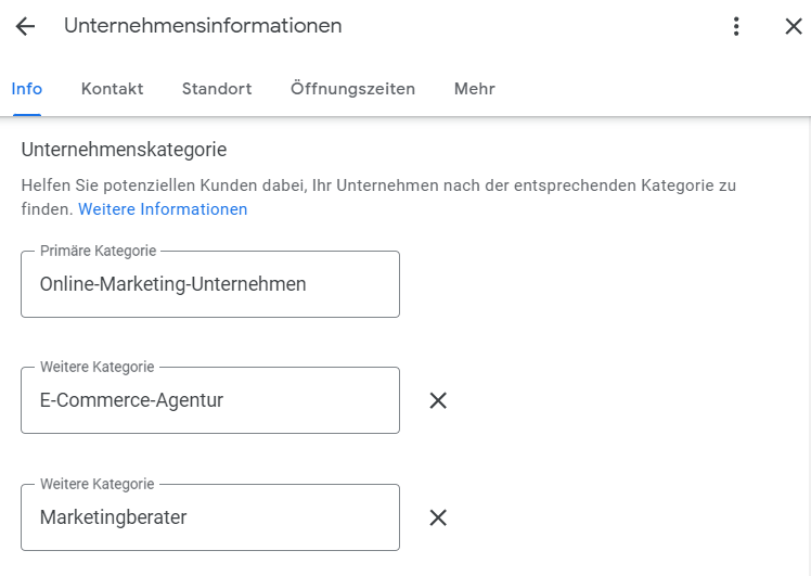 Google Unternehmensprofil: Die Auswahl der Kategorie