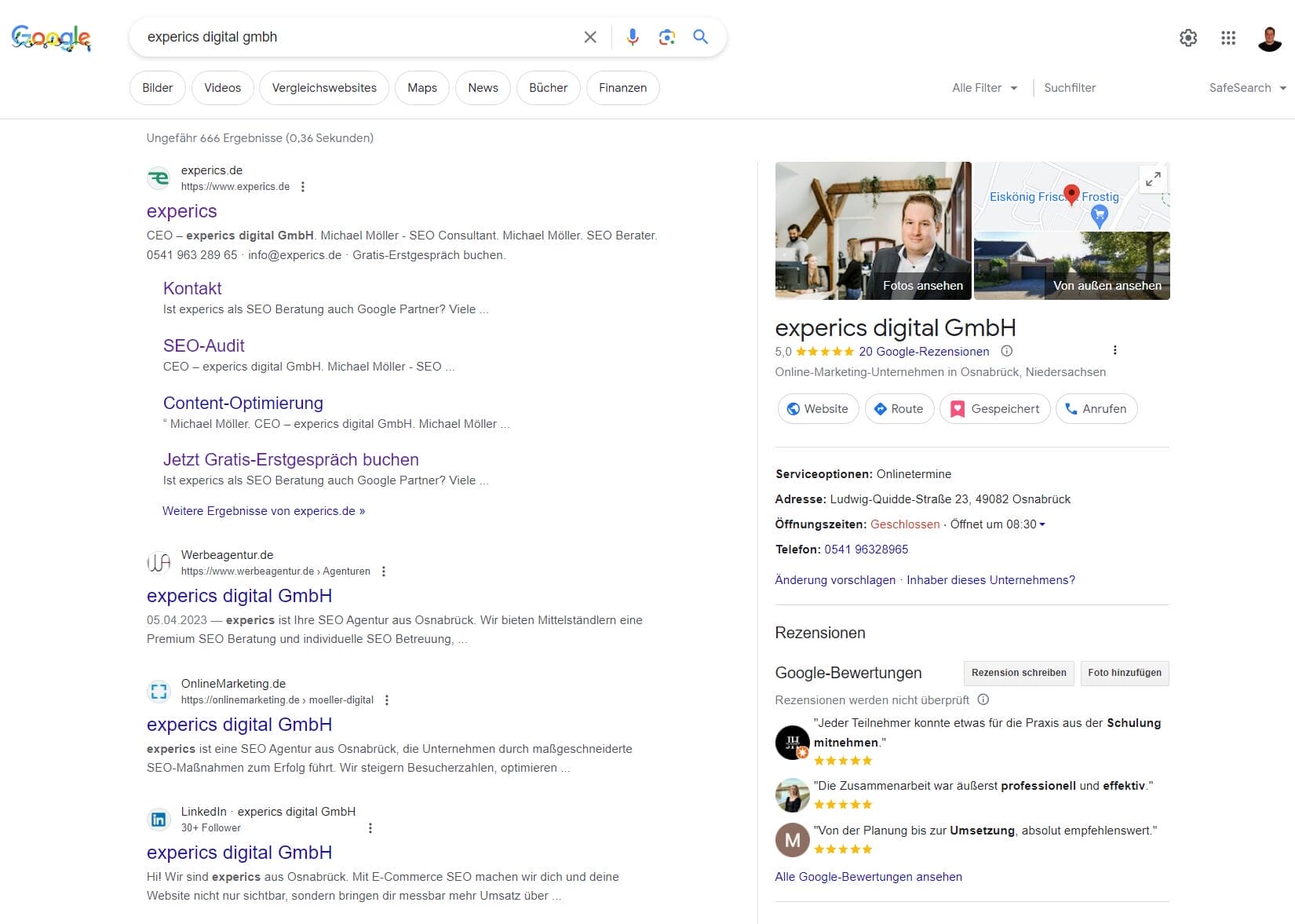 Google Unternehmensprofil - Beispiel Experics