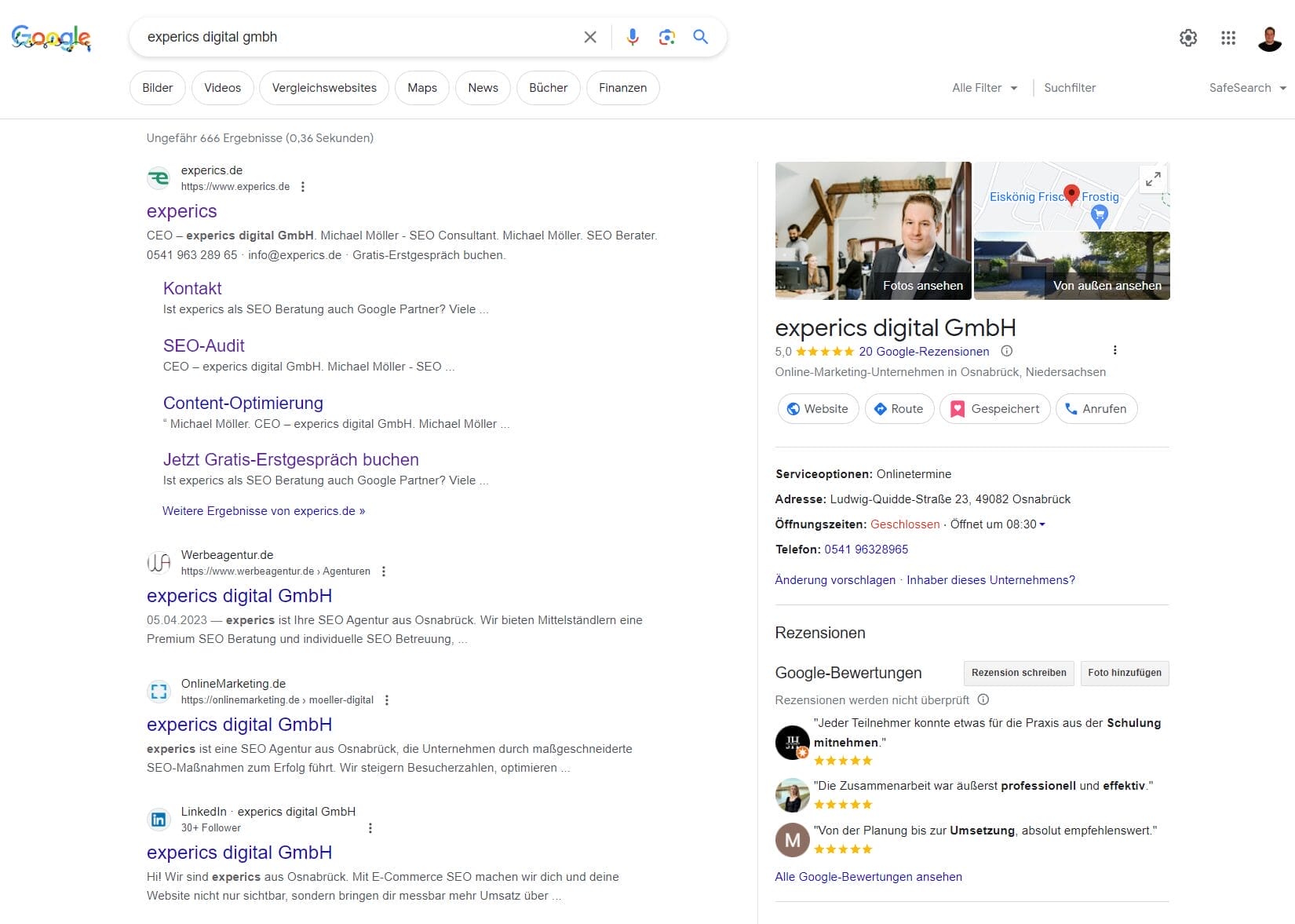 Google Unternehmensprofil - Beispiel experics