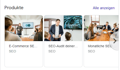 Darstellung von Produkte im Google Unternehmensprofil