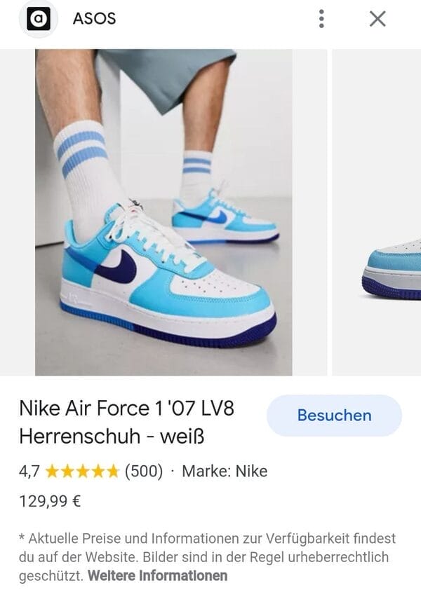 Das Bild zeigt ein Suchergebnis der Visual Search. Auffällig ist hierbei auch die Einbindung der Bewertungen. Diese schaffen zusätzliches Vertrauen in den ausgewählten Online-Händler.