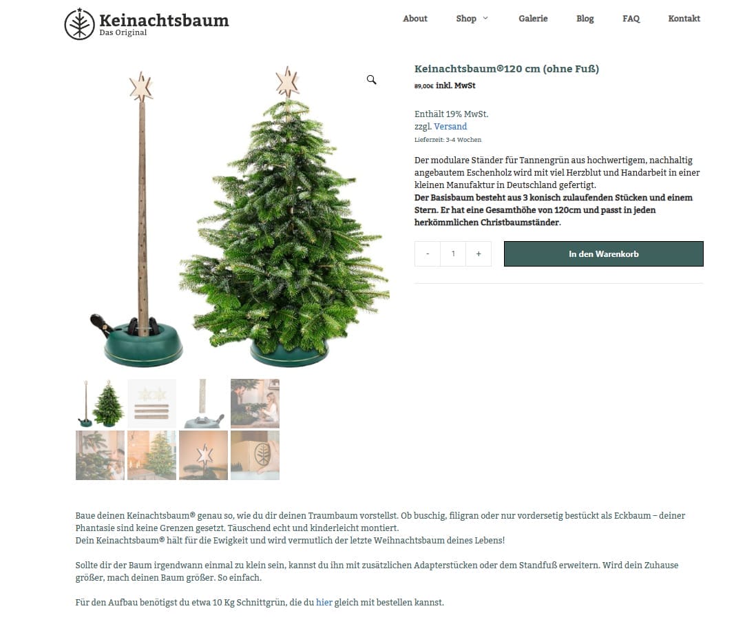 Die Produktbeschreibung des Online-Shops von „Keinachtsbaum” ist ein gelungenes Beispiel für verkaufsstarke Produkttexte.