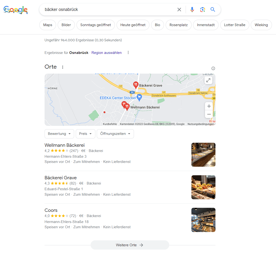 Google Suchergebnisse nach einer lokalen Suchanfrage zum Thema Bäcker Osnabrück