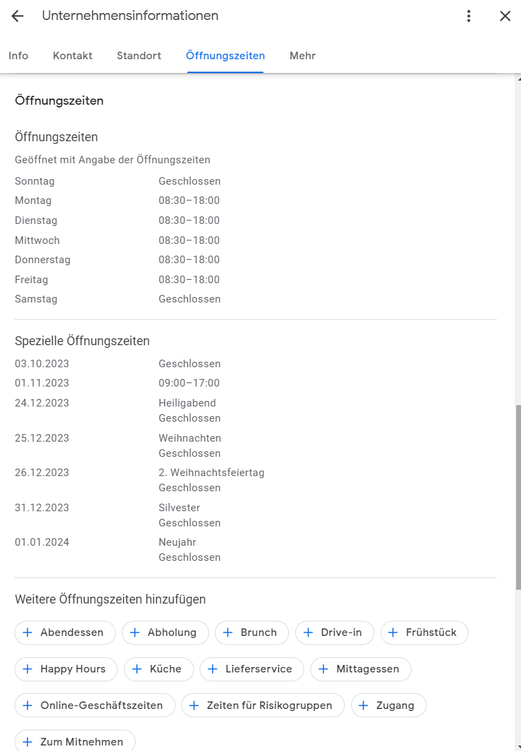 Angabe von Öffnungszeiten im Google Unternehmensprofil