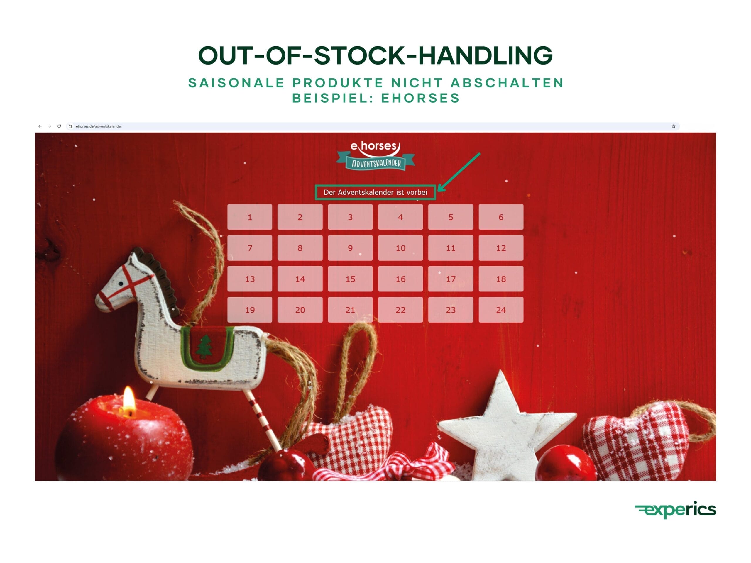 Saisonale Aktionsseiten wie der Adventskalender sollten stets indexiert bleiben. Wir empfehlen lediglich, Kunden auf das Ende der Aktion hinzuweisen. So macht es auch unser Kunde „ehorses“.