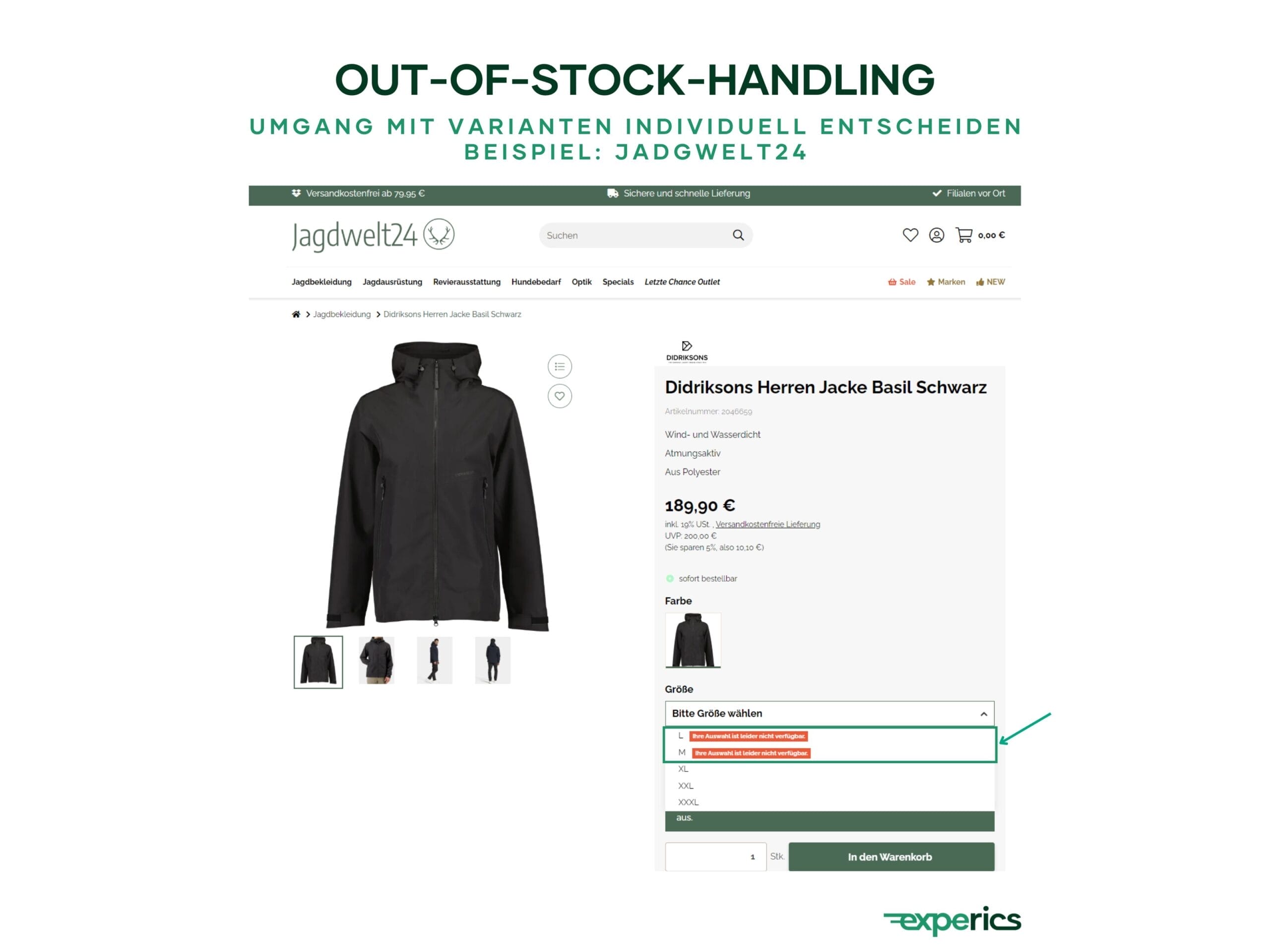 Wenn die Nachfrage nach bestimmten Größen steigt, sind Stockouts unvermeidlich. Aus diesem Grund ist es ratsam, nicht lieferbare Produktvarianten immer mit einem entsprechenden Hinweis zu versehen.