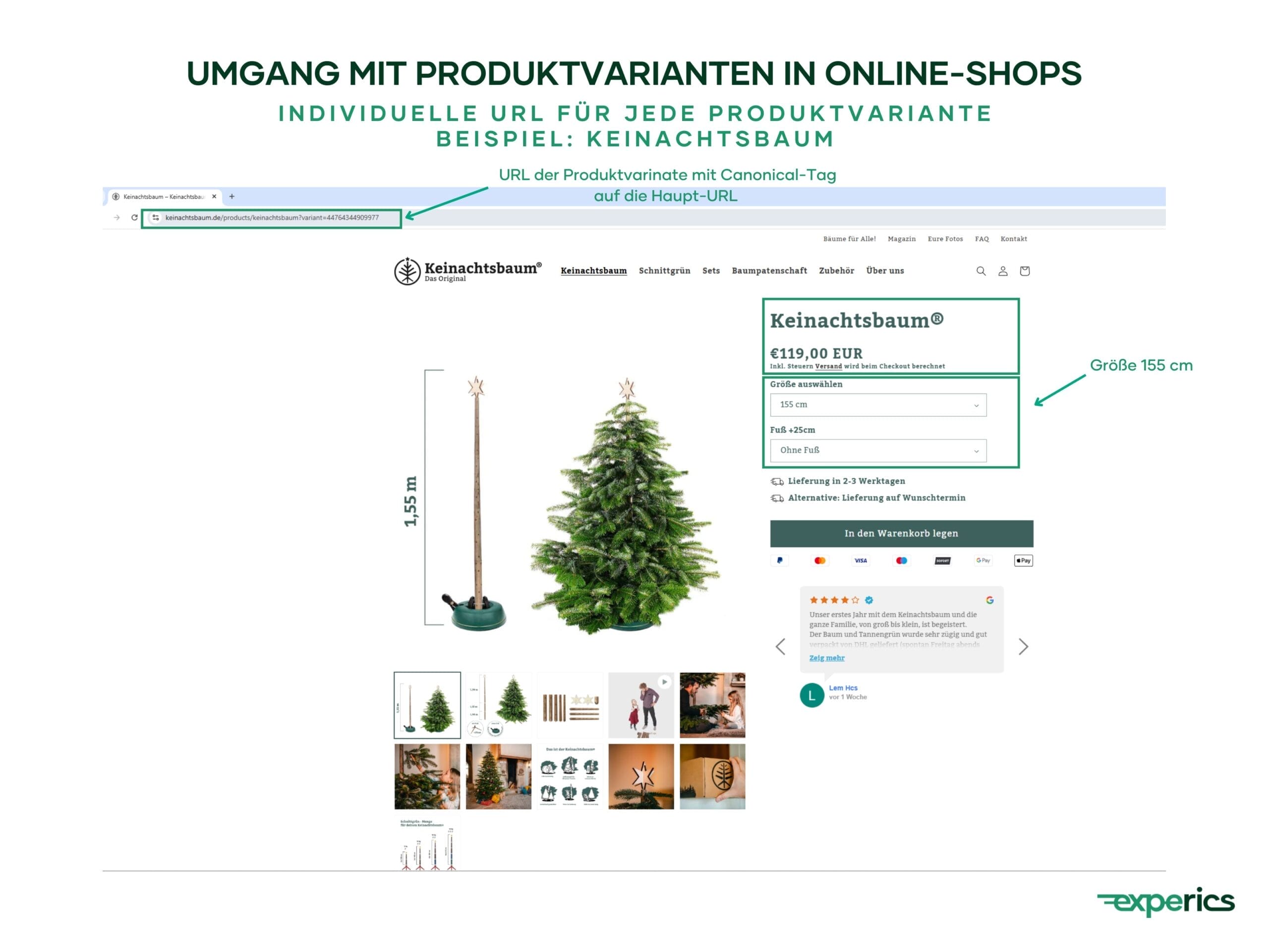 Die URLs der unterschiedlichen Produktvarianten nutzen ein Canonical-Tag, um auf das übergeordnete Produkt zu verweisen.