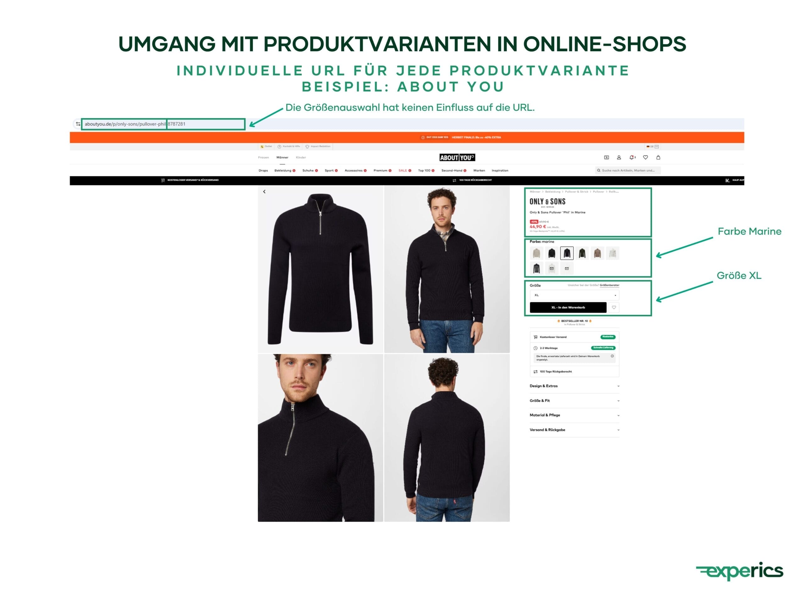 Anders als beim Attribut „Farbe“ bleibt die URL bei der Größenauswahl unverändert.