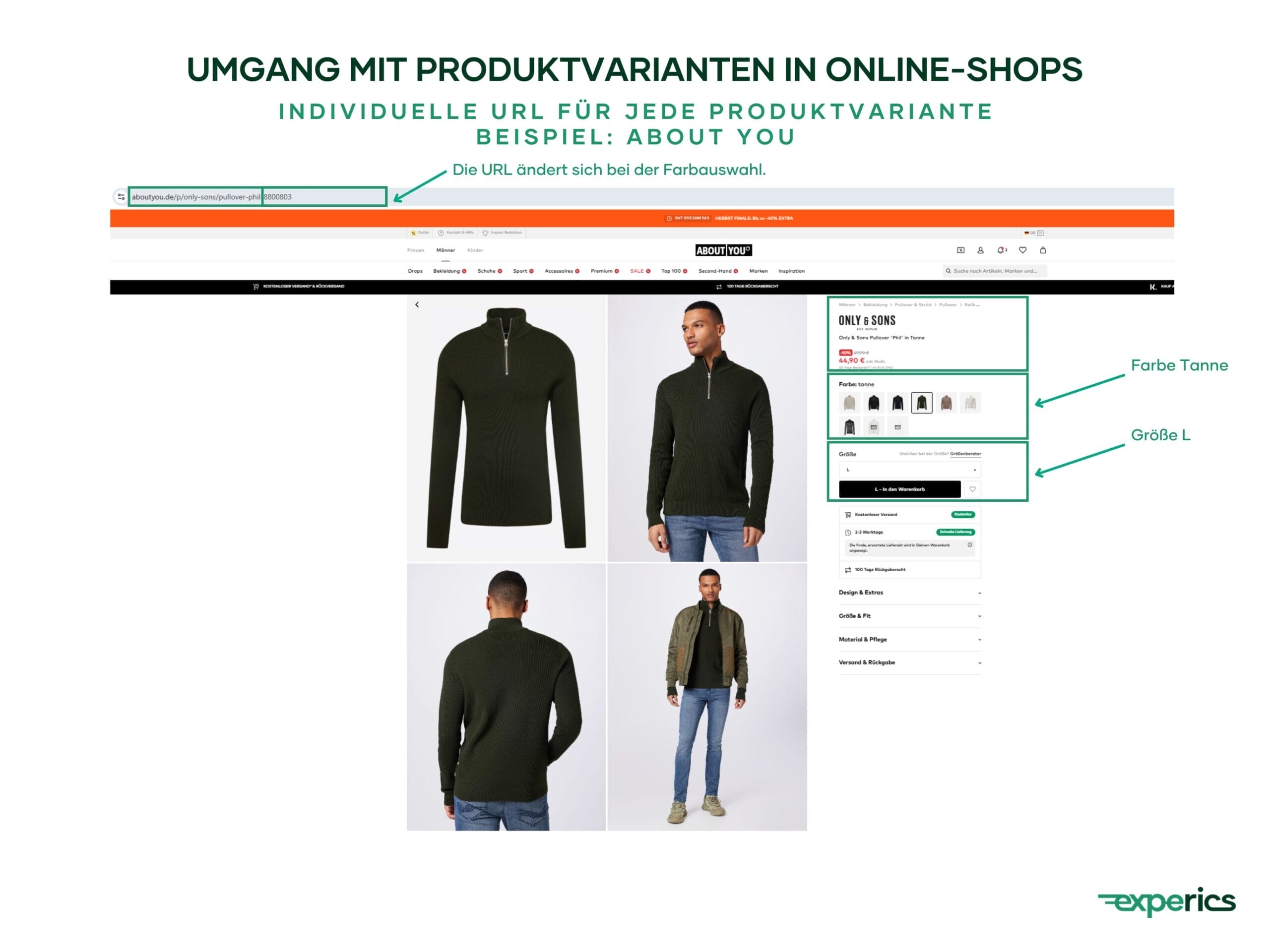 Viele große Online-Shops legen Attribute fest, die eine eigene URL erfordern. Bei About You ist es die Farbe.