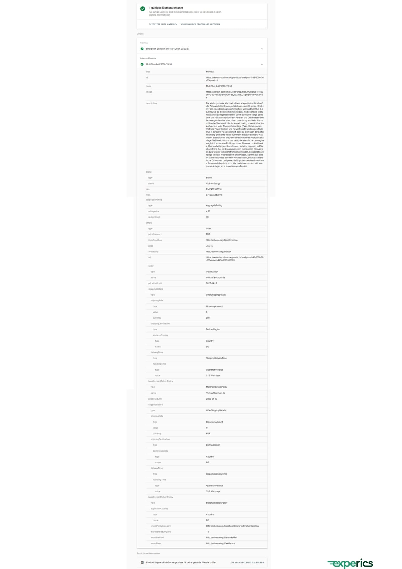 Auf dem Bild ist ein Screenshot einer Code-Validierung zu sehen, die mithilfe des Rich Snippet Testing Tools von Google durchgeführt worden ist. Hierbei handelt es sich um strukturierte Daten des Produktes “Multiplus 48 5000” von “Verkauf-Bochum”.