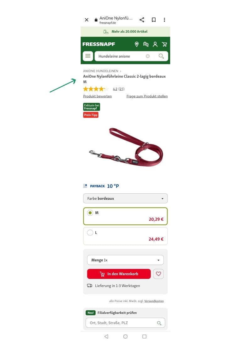 Im Online-Shop von „Fressnapf“ ist die Breadcrumb-Navigation immer zweizeilig, wie dieses Beispiel deutlich macht.
