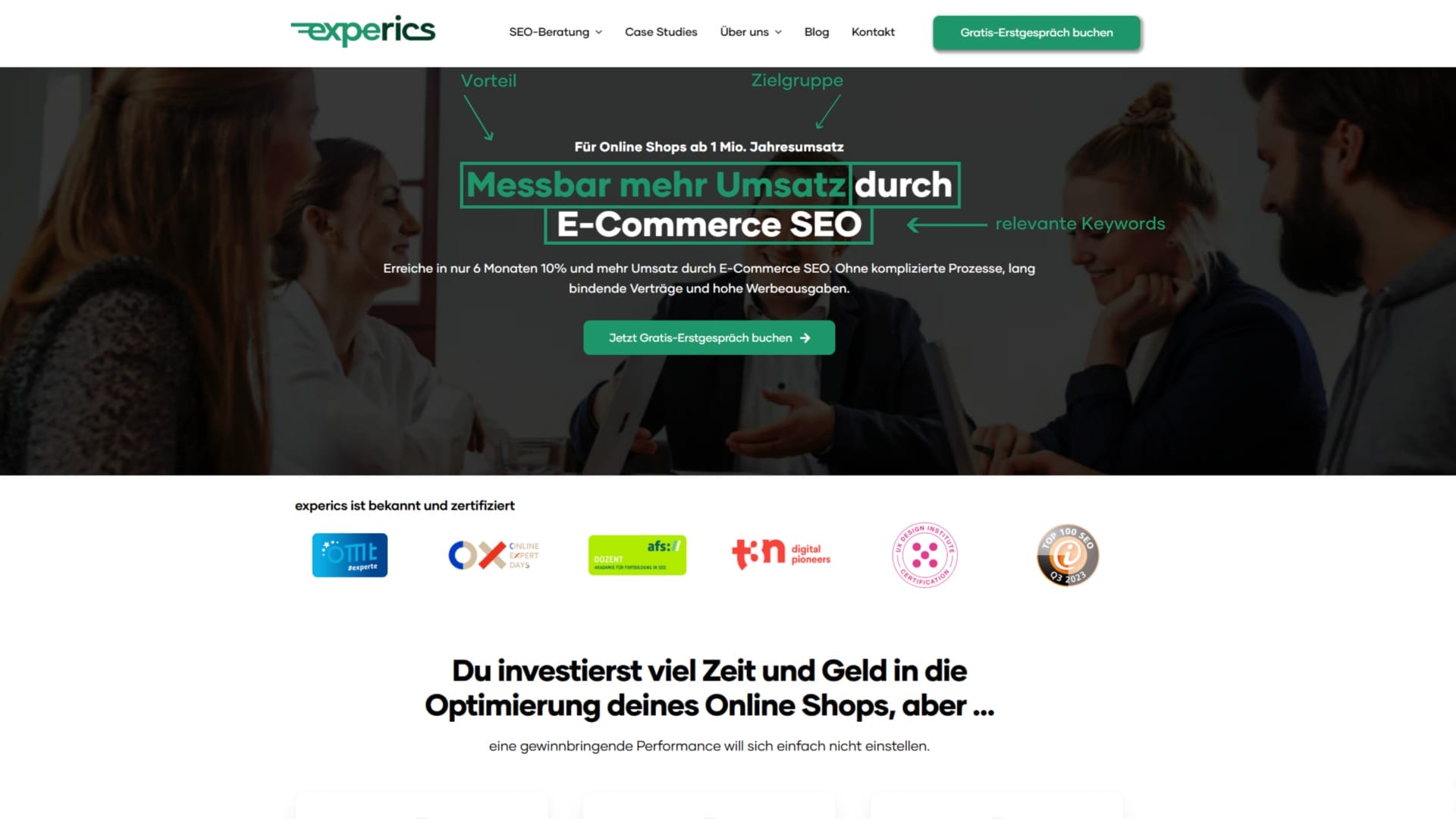 Auf unserer eigenen Website kommen wir schnell zum Punkt, indem wir zuerst unseren Hauptvorteil nennen.