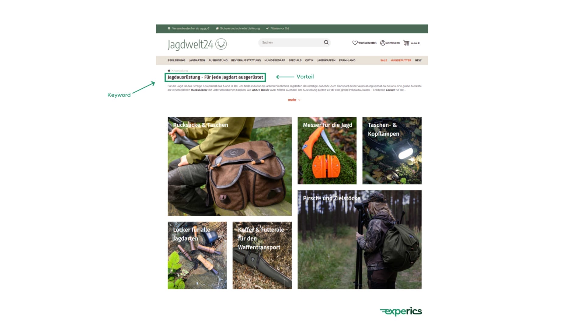 Auf Seiner Hubseite Steigt „Jagdwelt24“ Mit Dem Keyword Ein Und Beendet Die Hauptüberschrift Mit Einem Vorteil, Was Bei Kunden Gut Ankommt. 