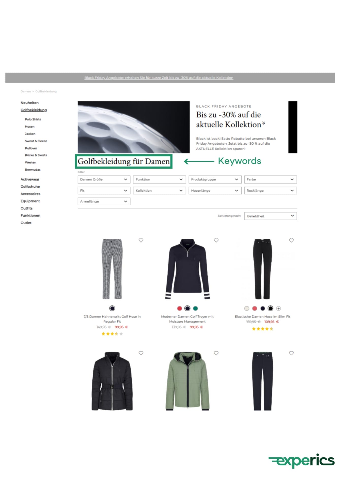 „GOLFINO“ arbeitet in der H1-Überschrift nur mit den wichtigsten Keywords. Für eine Kategorieseite ist dies vollkommen ausreichend.