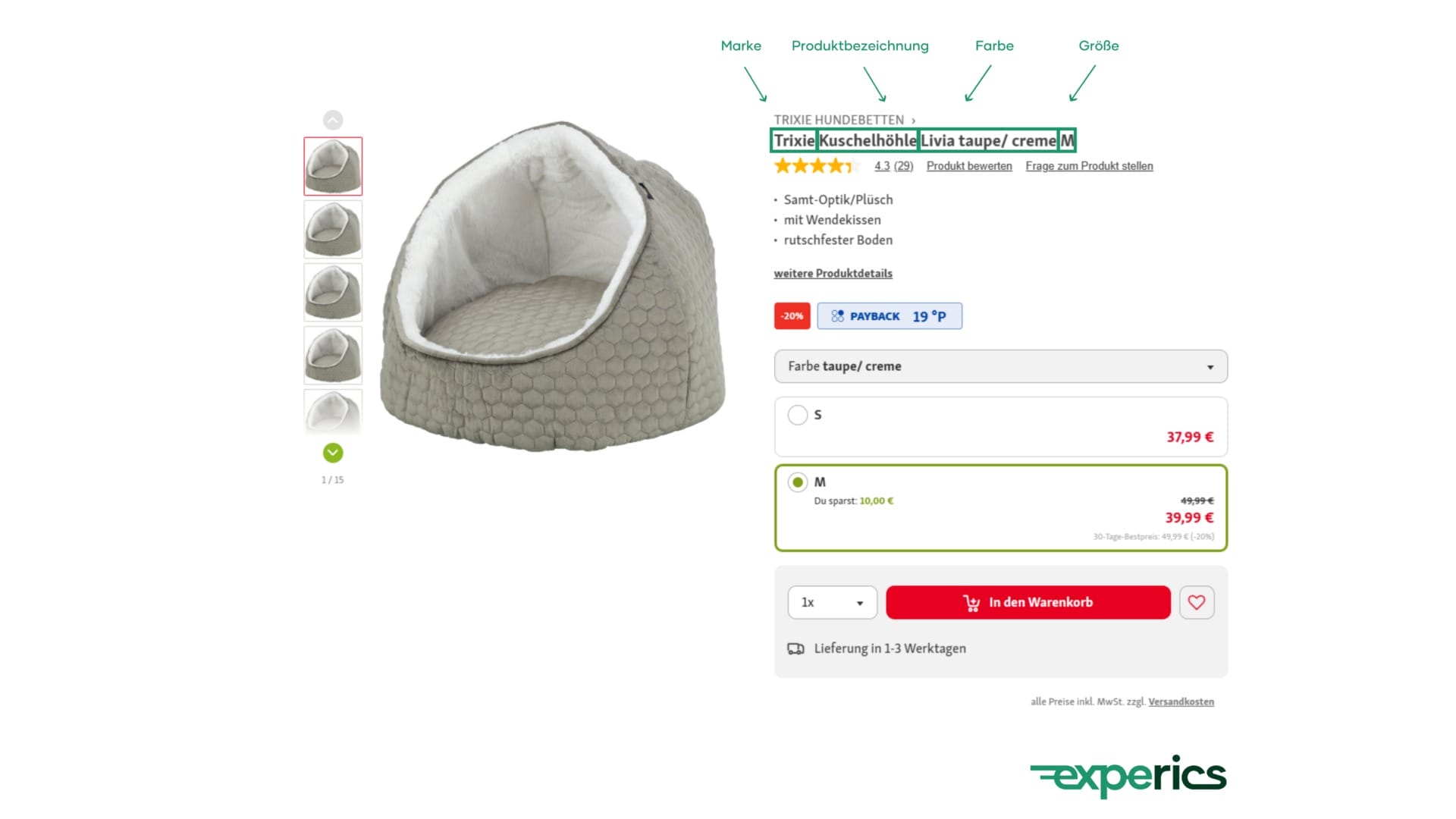 Große Online-Shops wie der von „Fressnapf“ arbeiten häufig mit automatisch generierten Hauptüberschriften anhand von Produktnamen und Produktattributen.