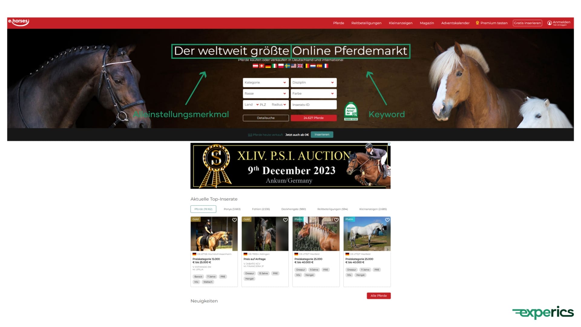 Auf der Startseite punktet „ehorses“ mit einer perfekten H1-Überschrift.