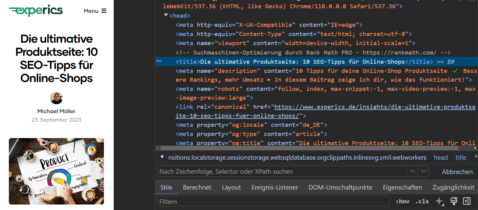 So sieht das HTML-Mark-up im HTML-Quelltext zu unserem Blogbeitrag „Die ultimative Produktseite: 10 SEO-Tipps für Online-Shops“ aus.