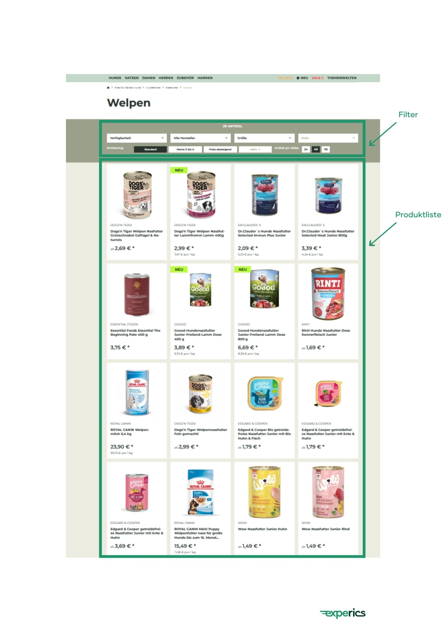 Die Kategorie-Seite „Nassfutter für Welpen“ von Fellby zeigt eine Liste mit allen entsprechenden Produkten.
