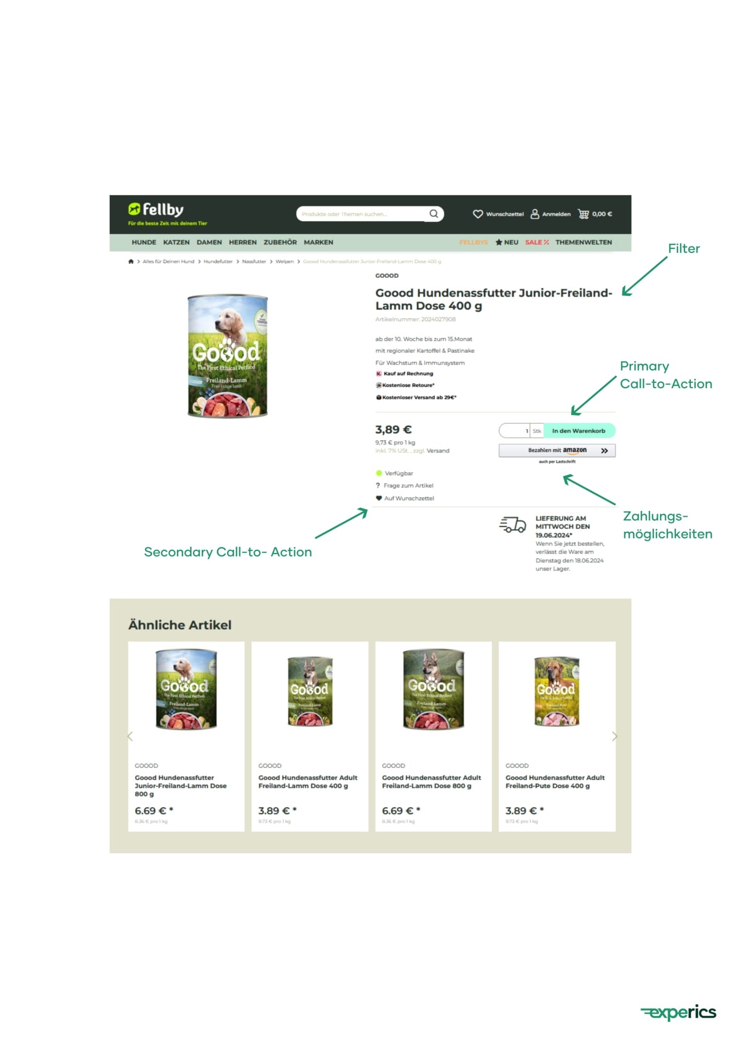 Die Produktdetailseite (PDP) von Fellby bietet eine hervorragende Usability.
