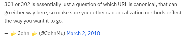 John Mueller Empfiehlt In Seinem Tweet Vom 2. März 2018 Die Nutzung Einer Kanonischen Url, Wenn Es Darum Geht, Eine Weiterleitung Einzurichten.