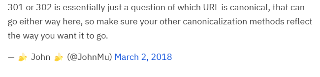 John Mueller empfiehlt in seinem Tweet vom 2. März 2018 die Nutzung einer kanonischen URL, wenn es darum geht, eine Weiterleitung einzurichten.